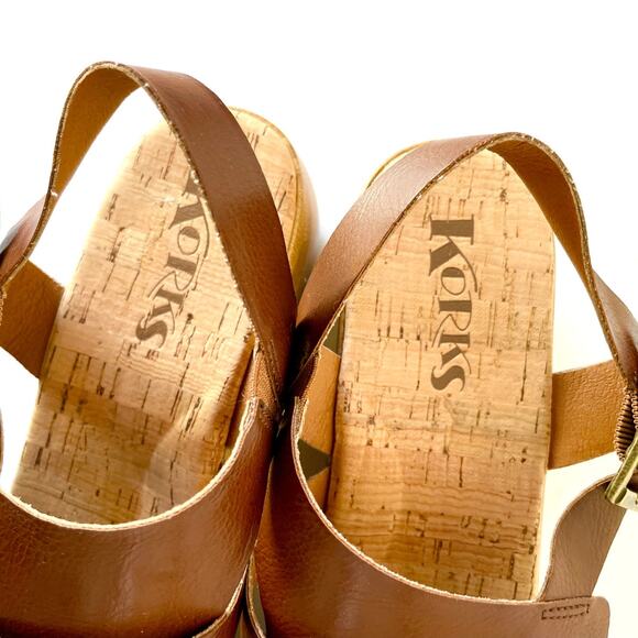 Korks Fallon Brown Faux Leather Wedge Heel Platform Slingback Sandals Size 8 - Picture 4 of 9